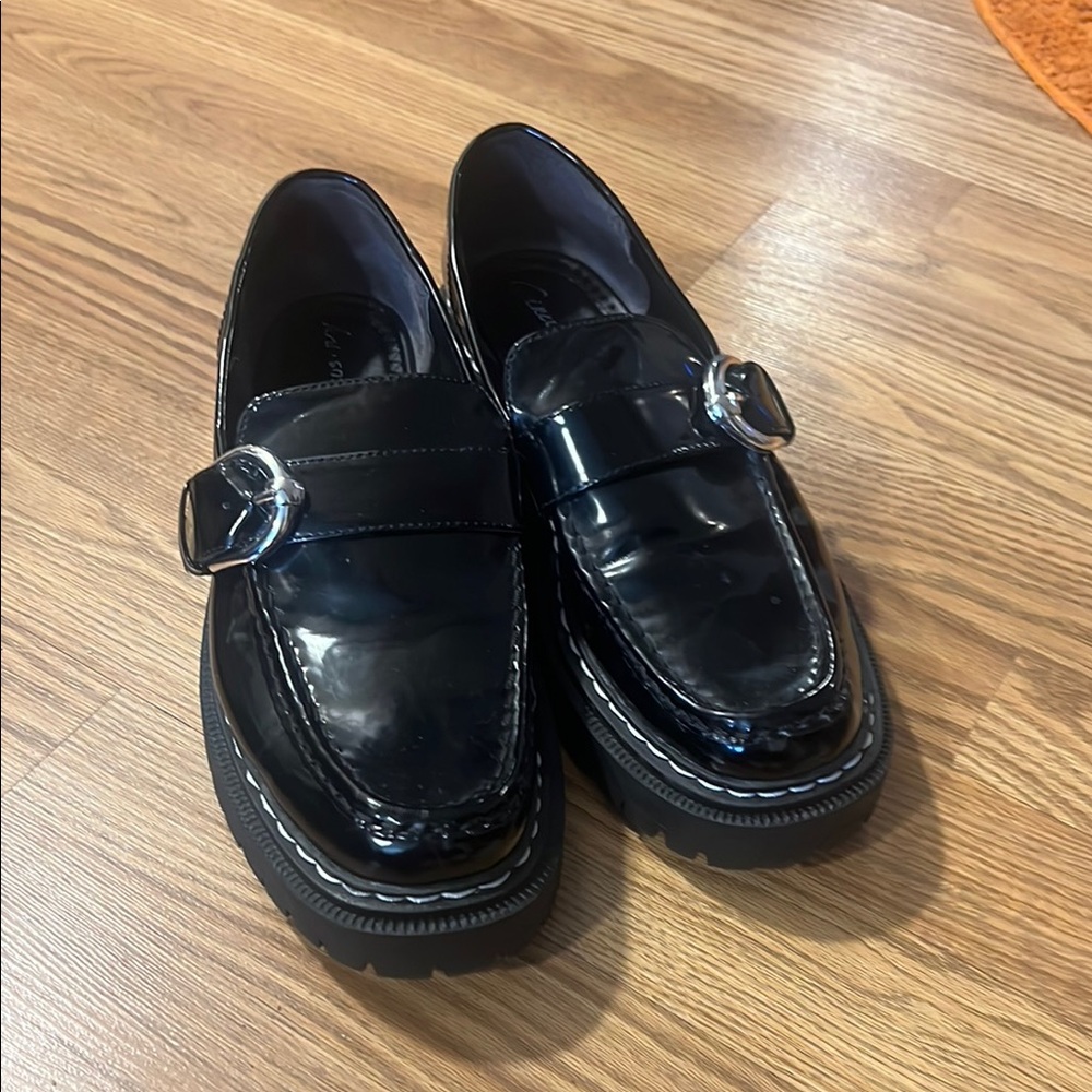 Circus by Sam Edelman Black Leather Loafers with Silver Buckle